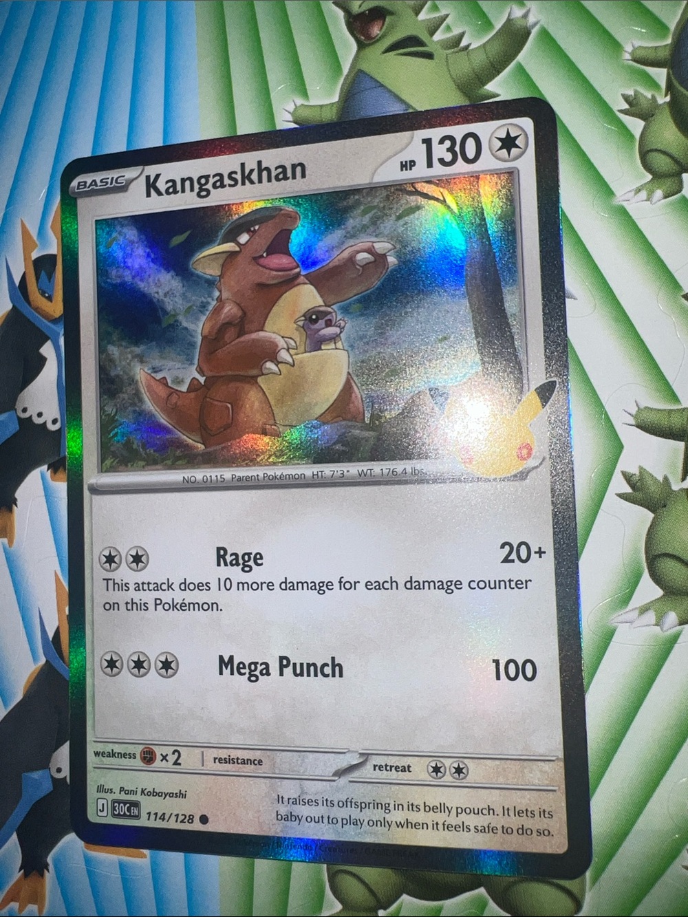 Pokemon Kangaskhan Holographic Card — Brown, Silver, Blue